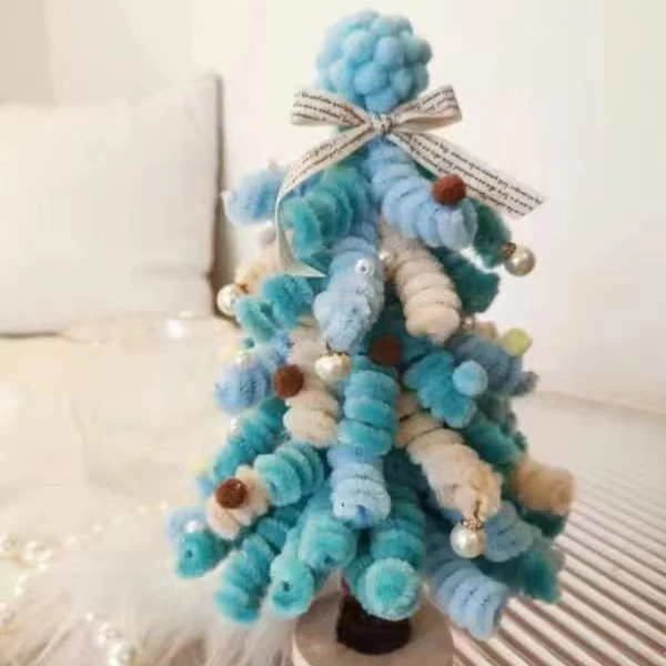 Handmade Christmas tree with cute blue bows decorated diy desktop decoration