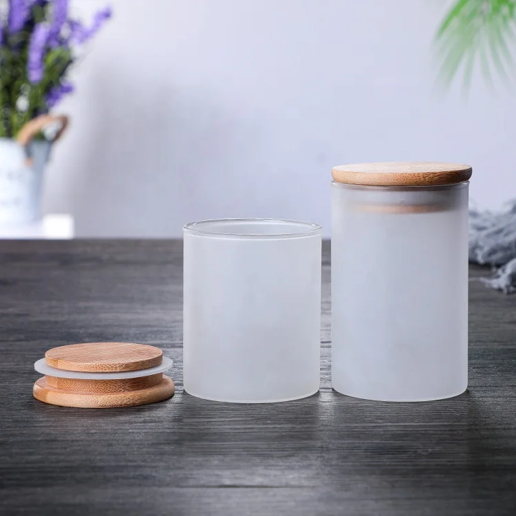 Hot sales white frosted customized candle holder glass candle jar with wooden lid for candle making