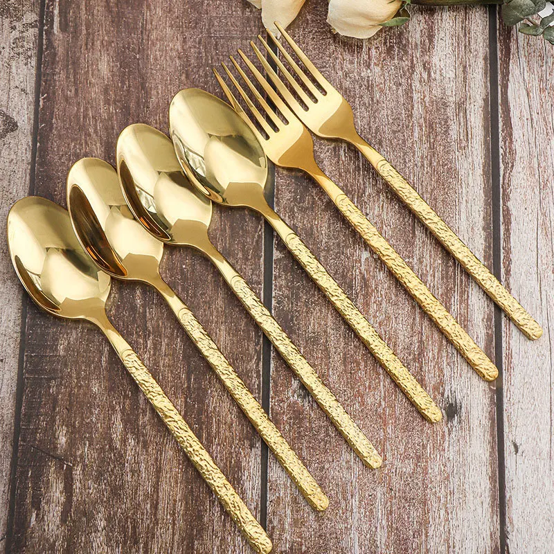 Wedding Baroque Royal Gold Knife Fork Spoon Set Golden Plated Silverware Engraved Spoon Stainless Steel Rose Gold Cutlery Set