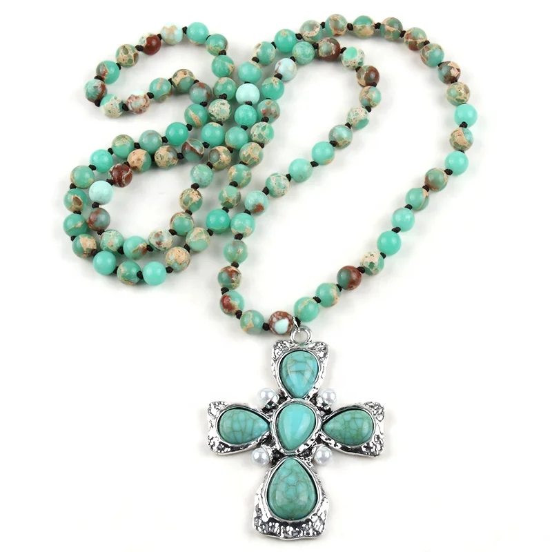 Religious Jewelry Turquoise Natural Stone Crystal Glass Necklace Alloy Stone Cross Pendant Necklace Western Jewelry