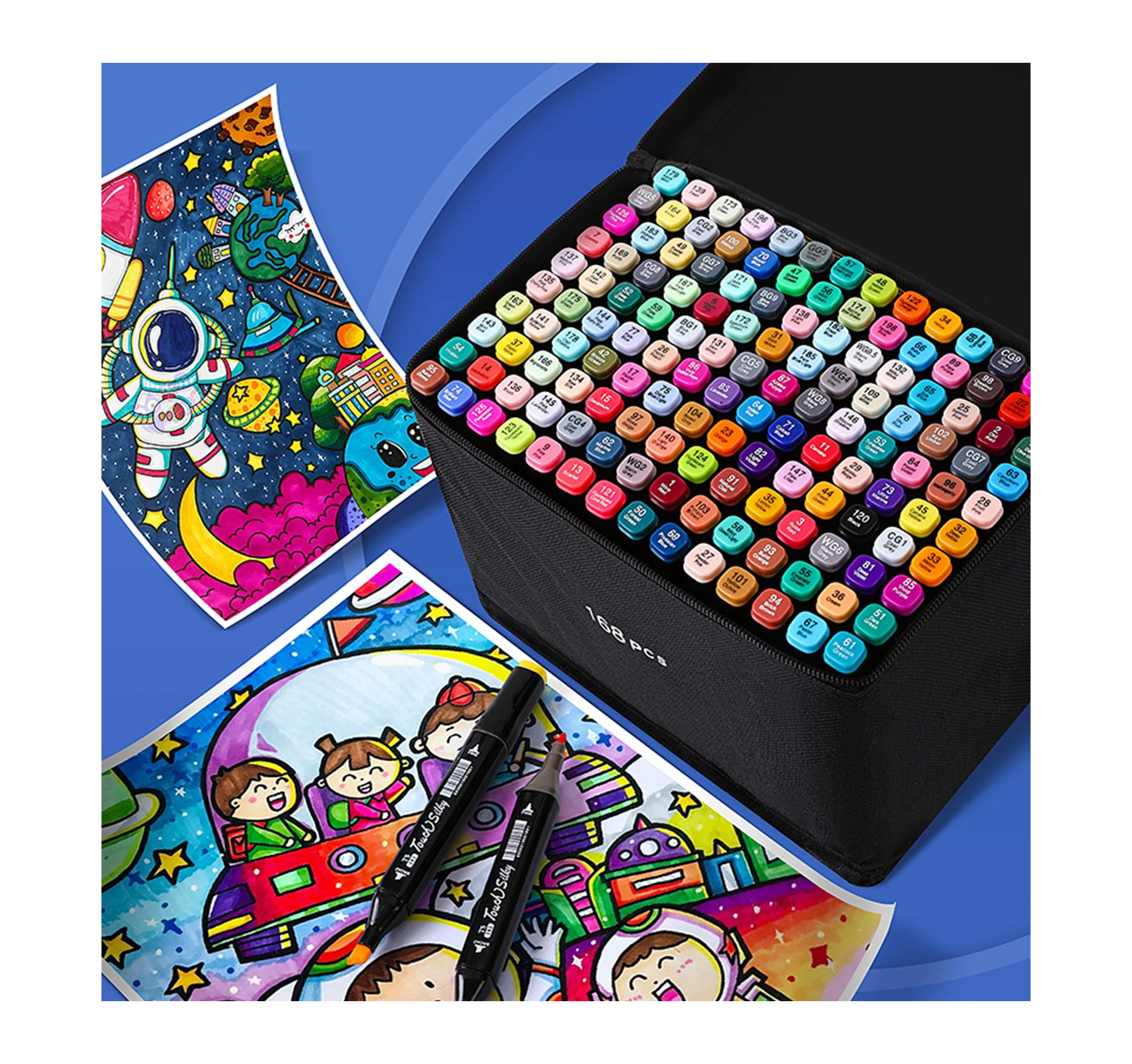 Custom logo packaging high quality non toxic long lasting 168 colors dual tip watercolor brush children graffiti marker pens