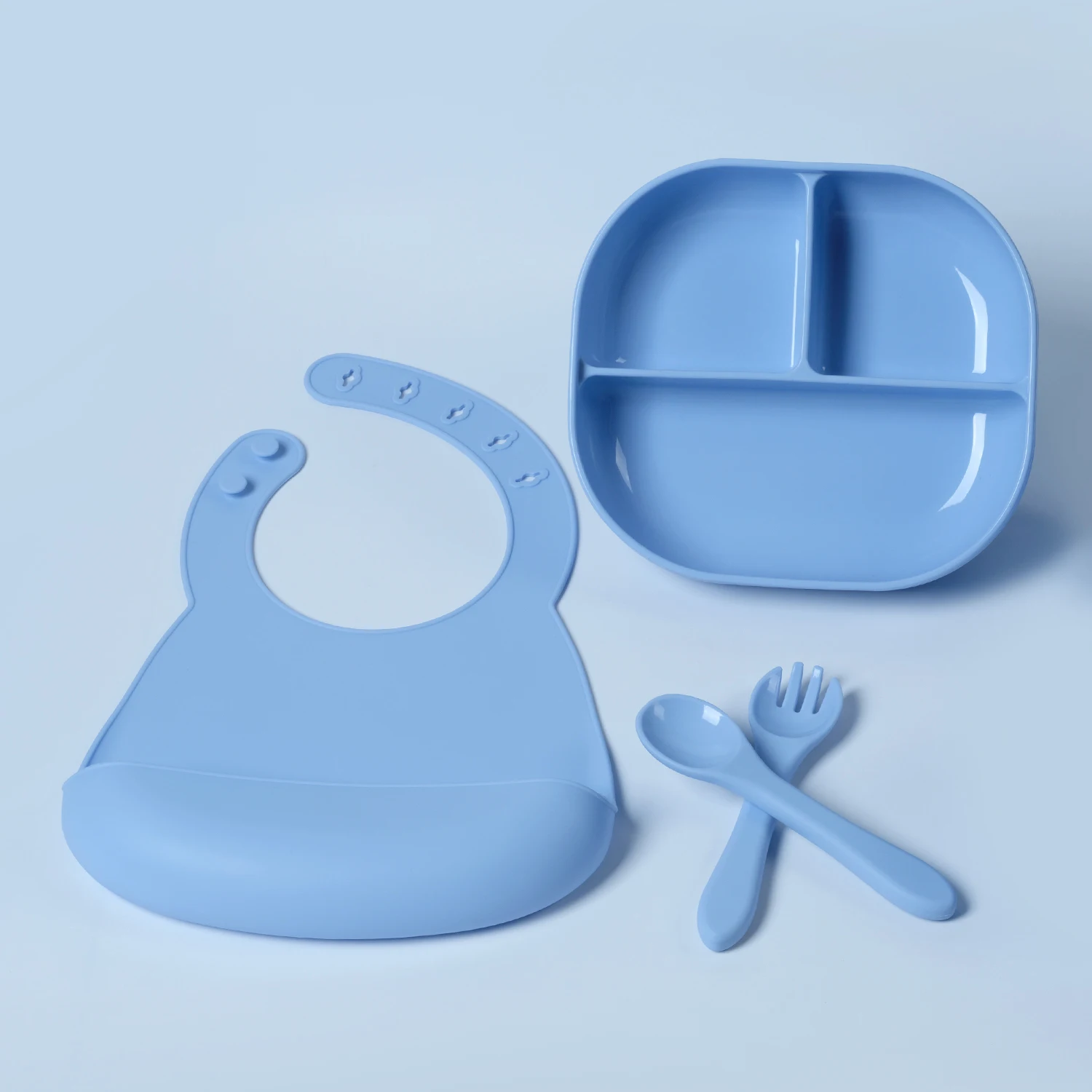 OEM&ODM wholesale custom baby products babytableware Six-piece Baby Silicone feeding sets bib
