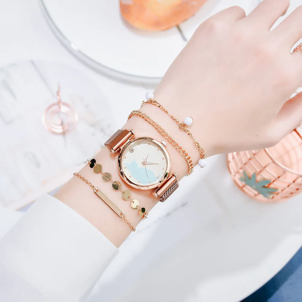 New Magnetic Watch Set Women Quartz Wristwatch Mesh Bracelet Cute Cat Dial Ladies Watches