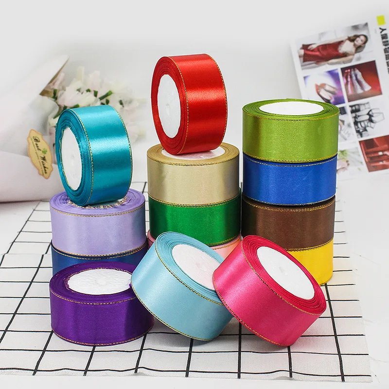 4cm Width 22 Meters Long High Quality Colorful Wedding Birthday Festivals Gold Edged Satin Ribbon for Gift Wrapping