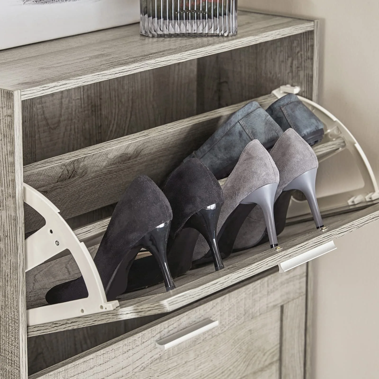 Shoe Storage Cabinet for Entryway, Narrow Shoe Cabinet with 2 Flip Drawers, Modern Freestanding Shoe Organizer Rack