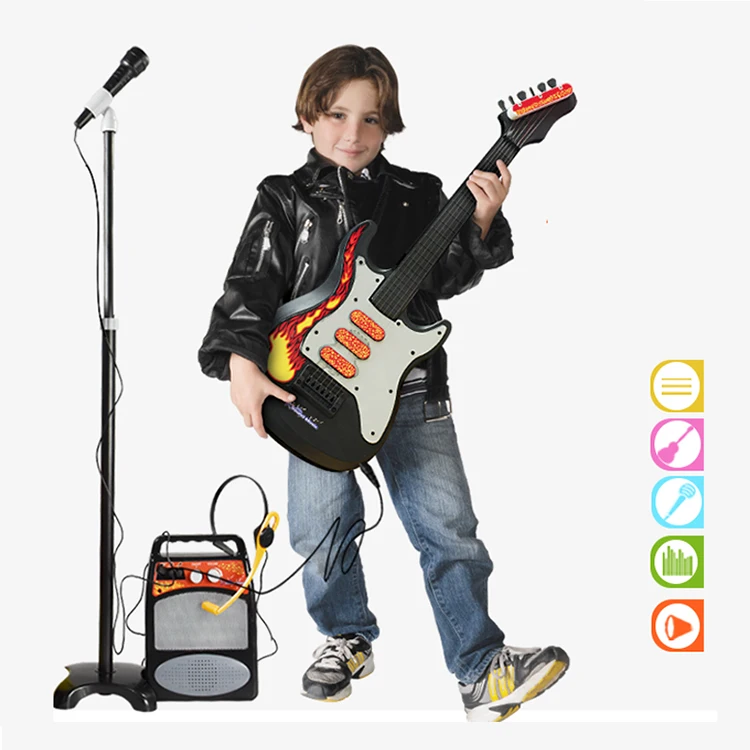 Kids musical instrument electric toy guitar set with microphone simulation plastic-toy-guitar