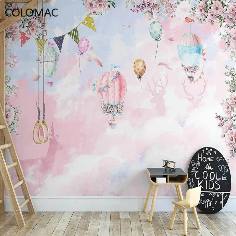Custom 3D Photo Cartoon Hot Air Balloon Pink Cloud Flowers Wallpaper for Kids Girls Bedroom Peel And Stick Wallpaper Murals