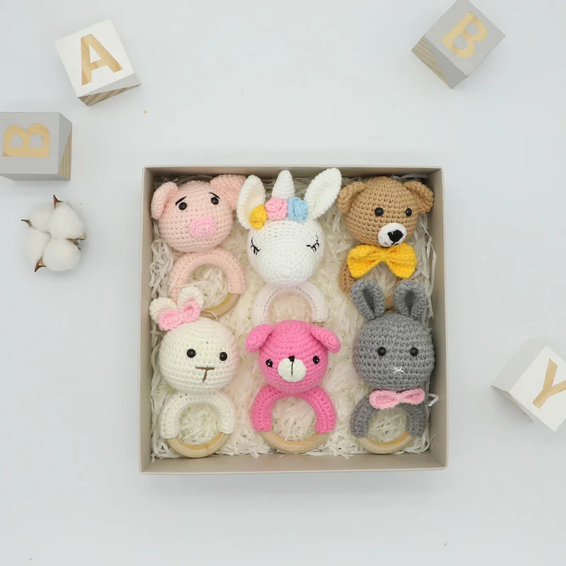 High Quality Custom Cute Animal Wooden Handmade Crochet Rabbit Baby Teether Rattle