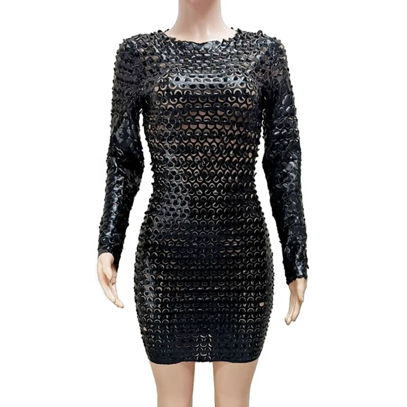 Sexy Long Sleeve Faux Leather Hole Punched Club Dress 2022