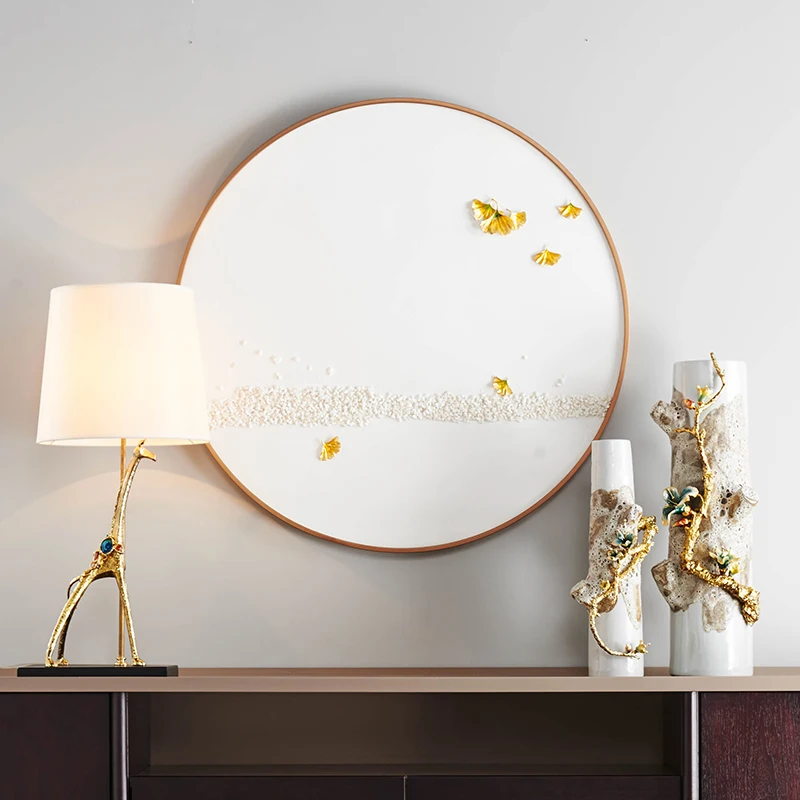 SANLOREN Luxury Decoration Wood Enamel Decorative Light Luxury Golden Leaf White Living Room Wall Art Decorative Painting