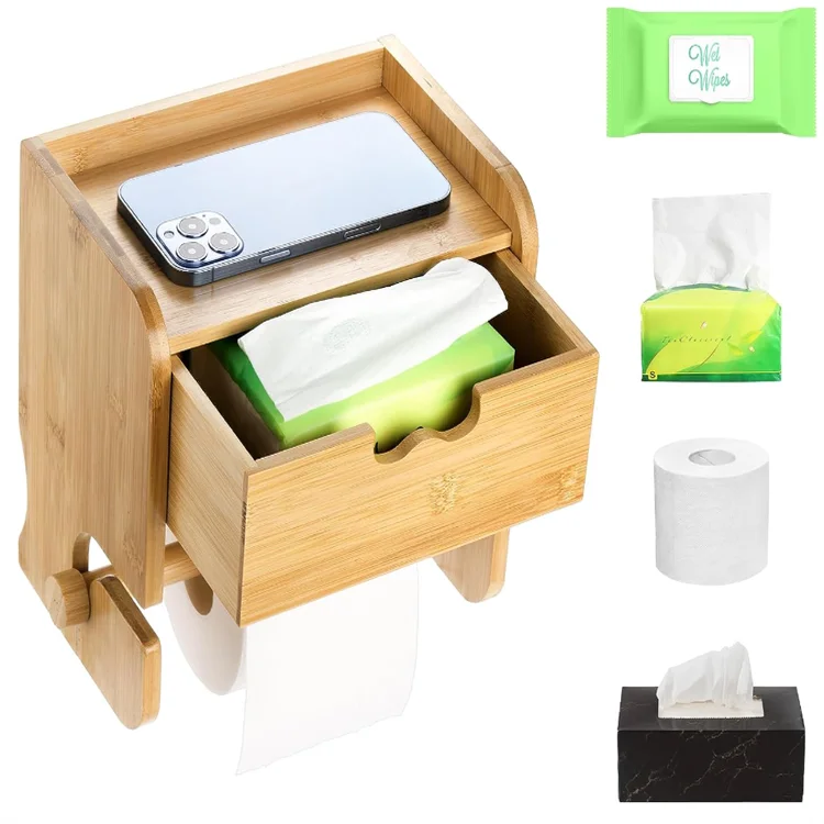 Wall-Mounted Bamboo Toilet Paper Holder with Shelf and Storage Organizer for Office Metal and Plastic Material