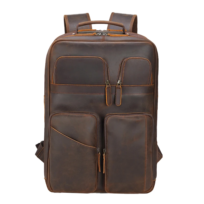 Cowhide retro backpack Business 15.6 inch computer bag large capacity outdoor real  Leather backpack