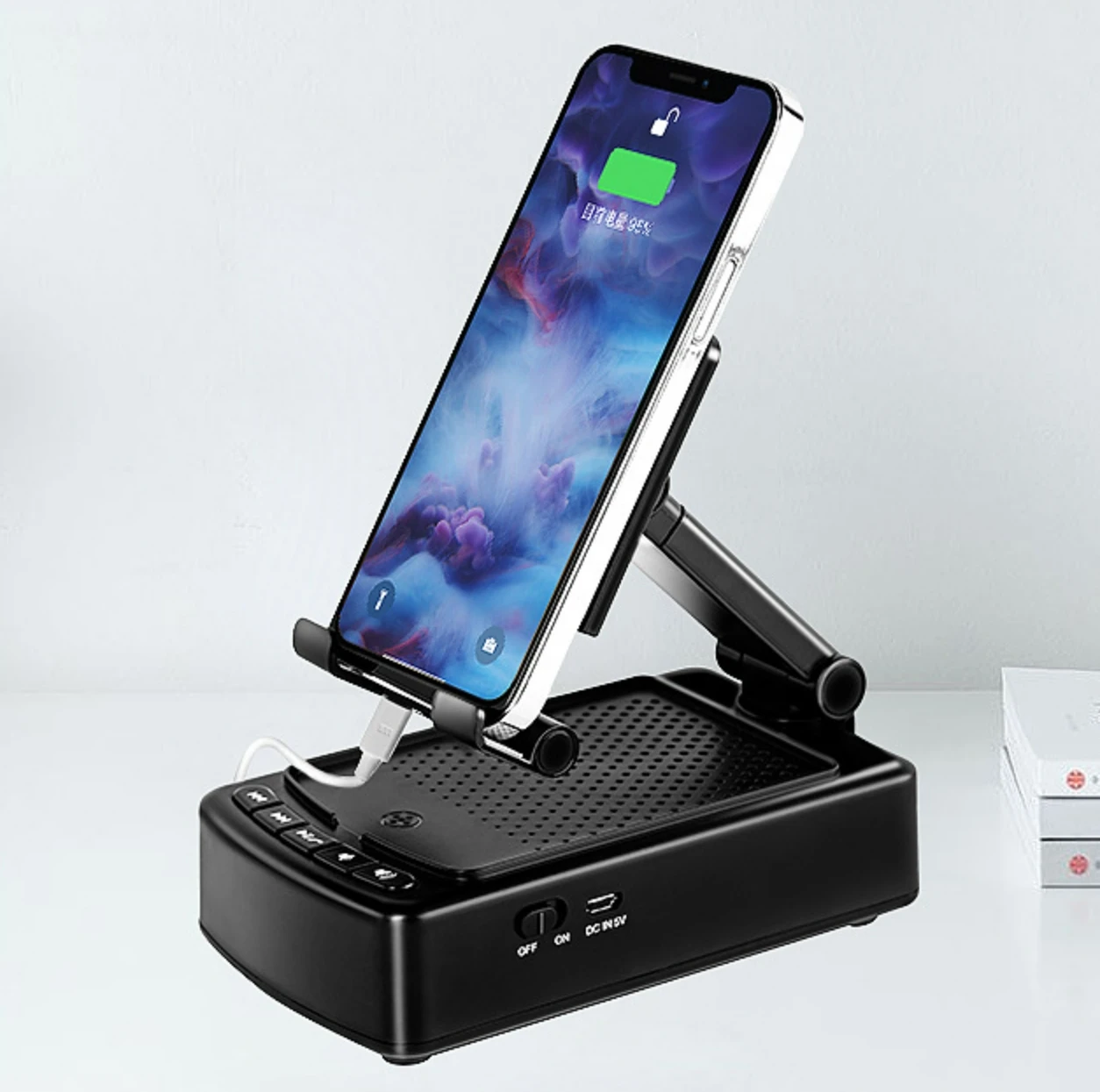 Angle adjustable smartphone bracket holder cell phone stand with wireless bluetooth speaker