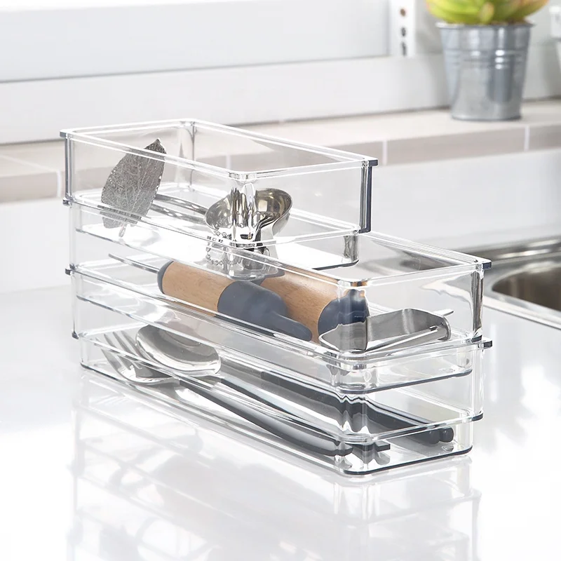 Simple houseware utensil holder acrylic drawer organizer plastic kitchen cutlery storage tray for drawer