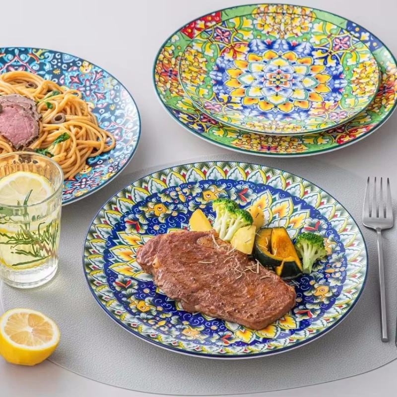 Wholesale Bohemian Ceramic Print Plates Style Restaurant Tableware 10.5 Inch Transfer Western Dinner Plates Home Plates