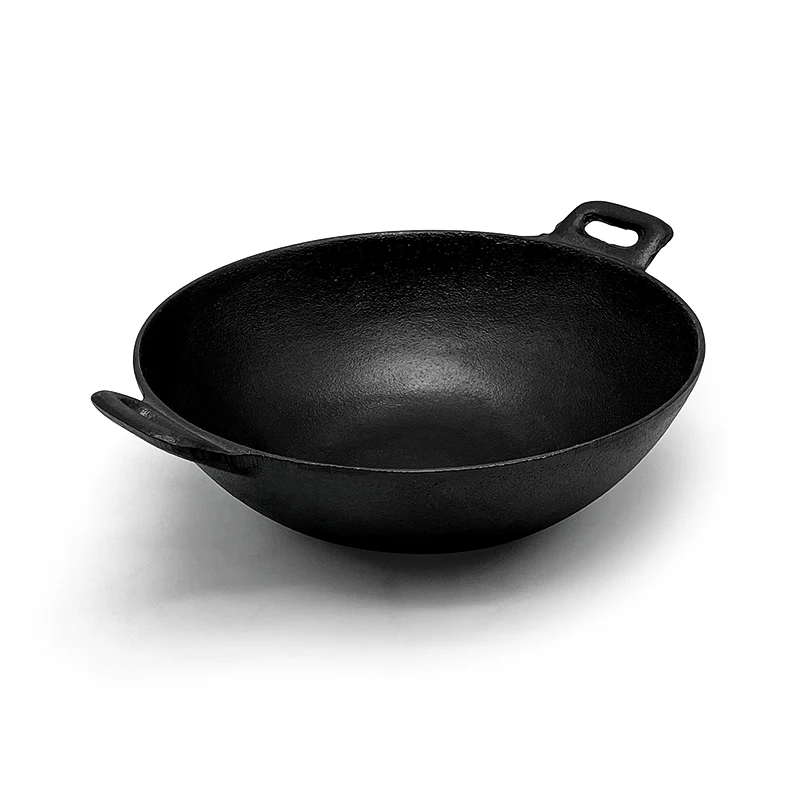 Chinese Traditional Cast Iron Wok Cast Iron Non Stick Coating Frying Wok Pan With Double Handle