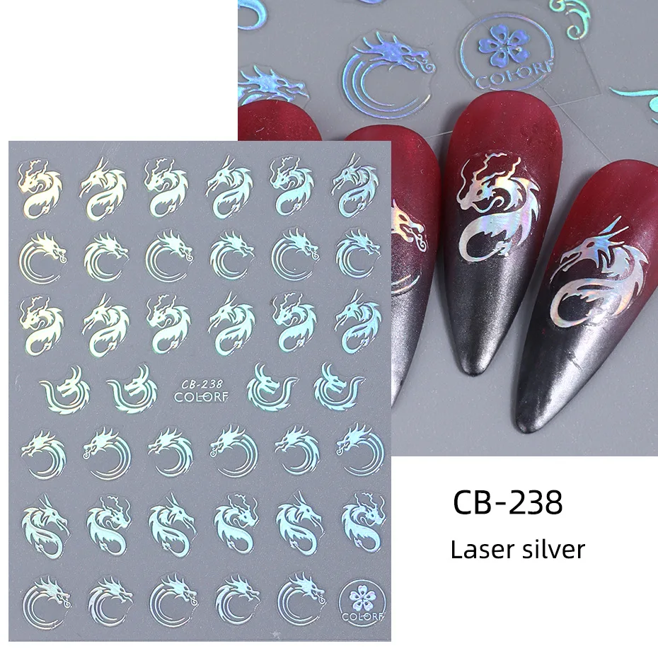 Nail Decoration Festival Laser Chinese Character Nail Art Sticker 3D Glitter Dragon Nail Sticker