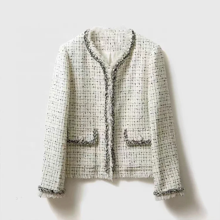 Knitwear manufacturers custom black white plaid tassel premium french INS loose casual korean japanese short jackets for women
