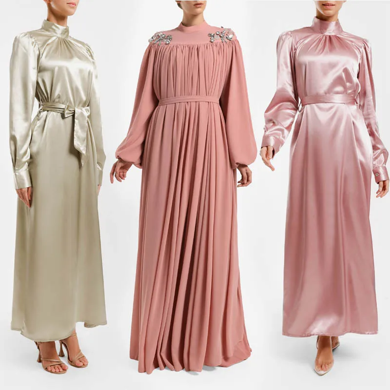 Yellow Glitter Pleated Kaftans Muslim Women Maxi Dress Jilbabs Muslim