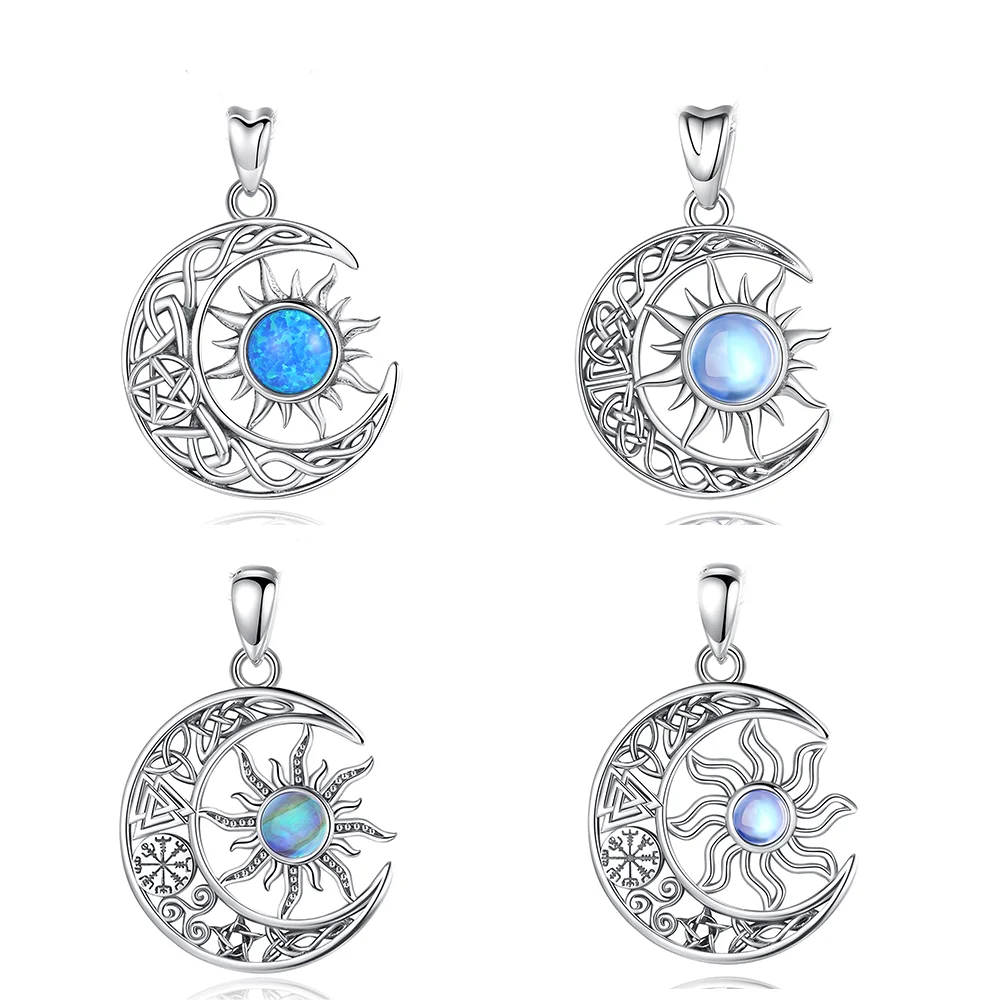 Changda 925 Sterling silver moonstone viking jewelry celtic irish knot moon and sun pendant necklace