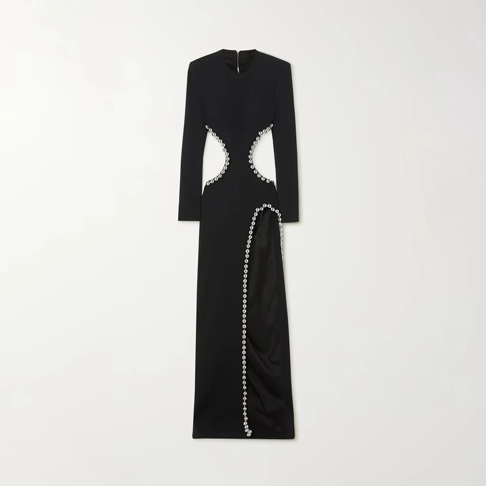 Elegant Front Slit Cutout Design Maxi Bodycon Black bead design evening Dress with Bead Decoration