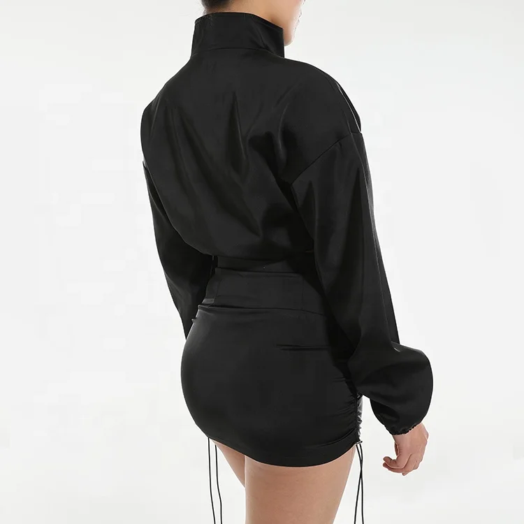 Long Sleeve Crop Tops Outfits Black Mini Short Sexy Wrap Satin Skirts Plus Size Sexy Women Skirt Two Piece Sets