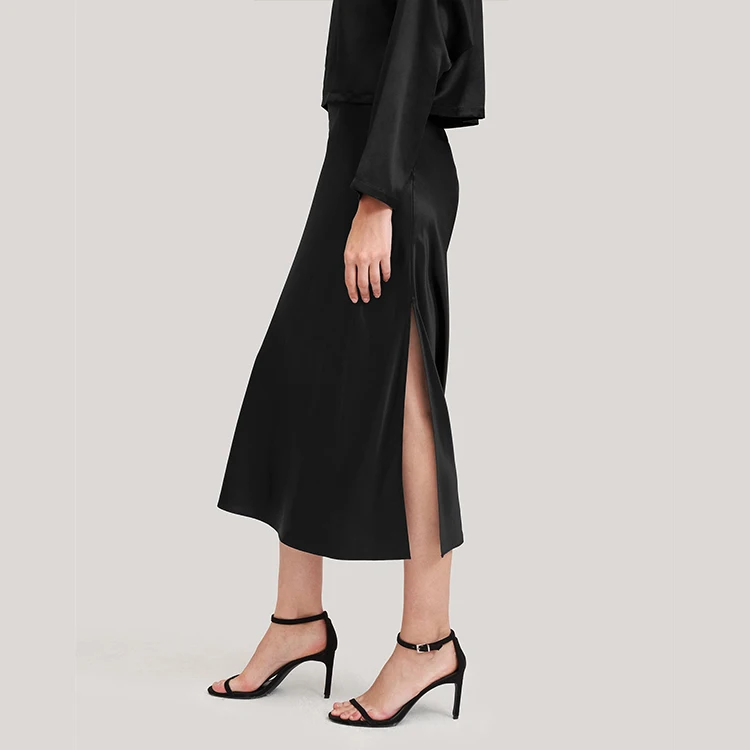 Factory custom label pure silk high waisted long skirts with slit luxury 100% mulberry silk split skirt