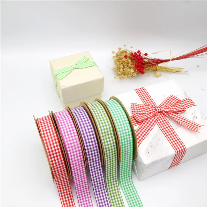 Factory directly sale gingham check plaid  ribbon gift Ribbon for Wedding Decoration Gift Greeting Card cake candle hair bow