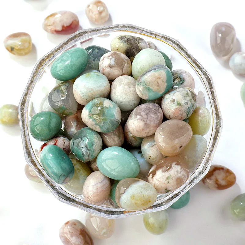High quality flower agate tumbles wholesale natural green flower agate crystal tumbles