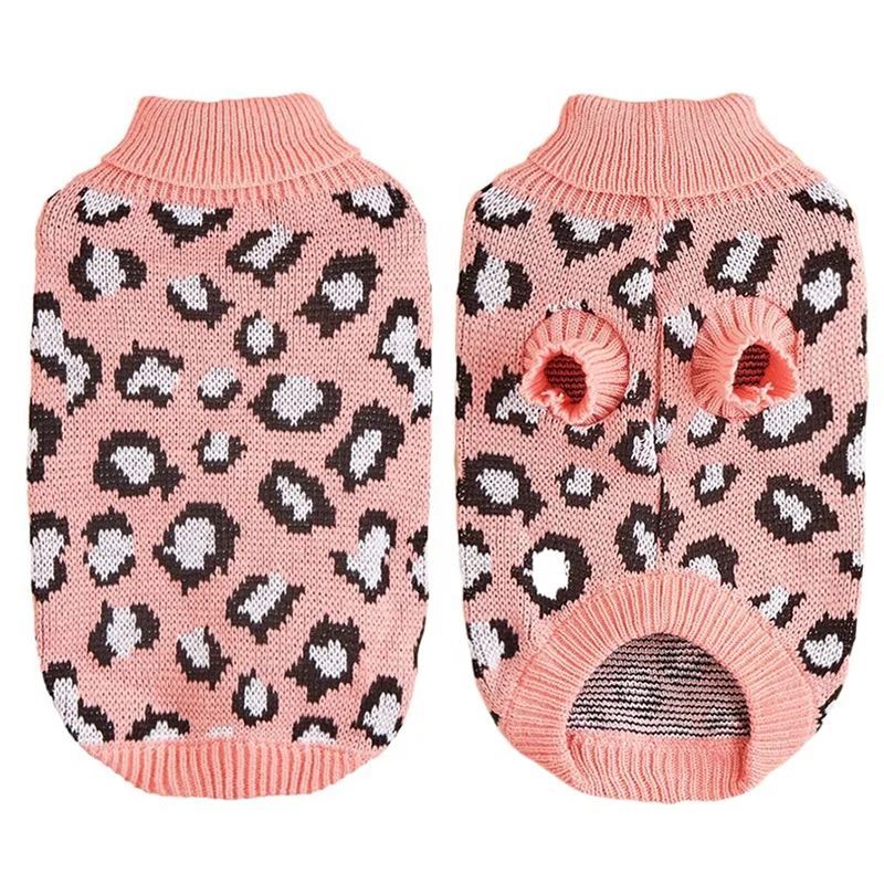 Hot Sell Leopard Pattern Pink Grey Khaki Wool Yarn Dog Jumpers Pet Knitted Sweater for Small Dogs