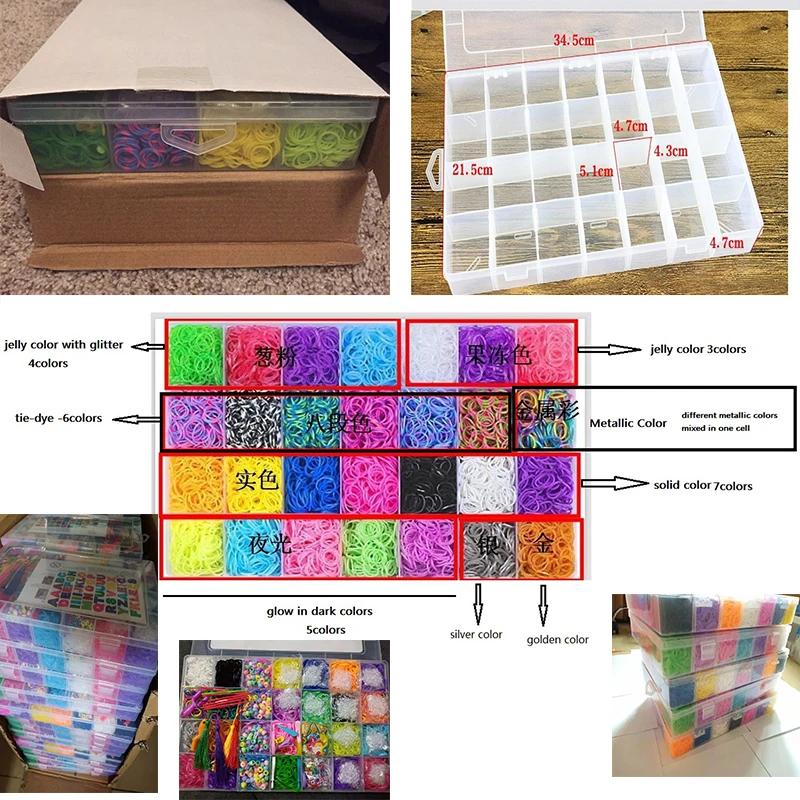 
High elasticity 10000pcs plastic box package colorful loom bands set , loom bands for kids,loom rubber bands 