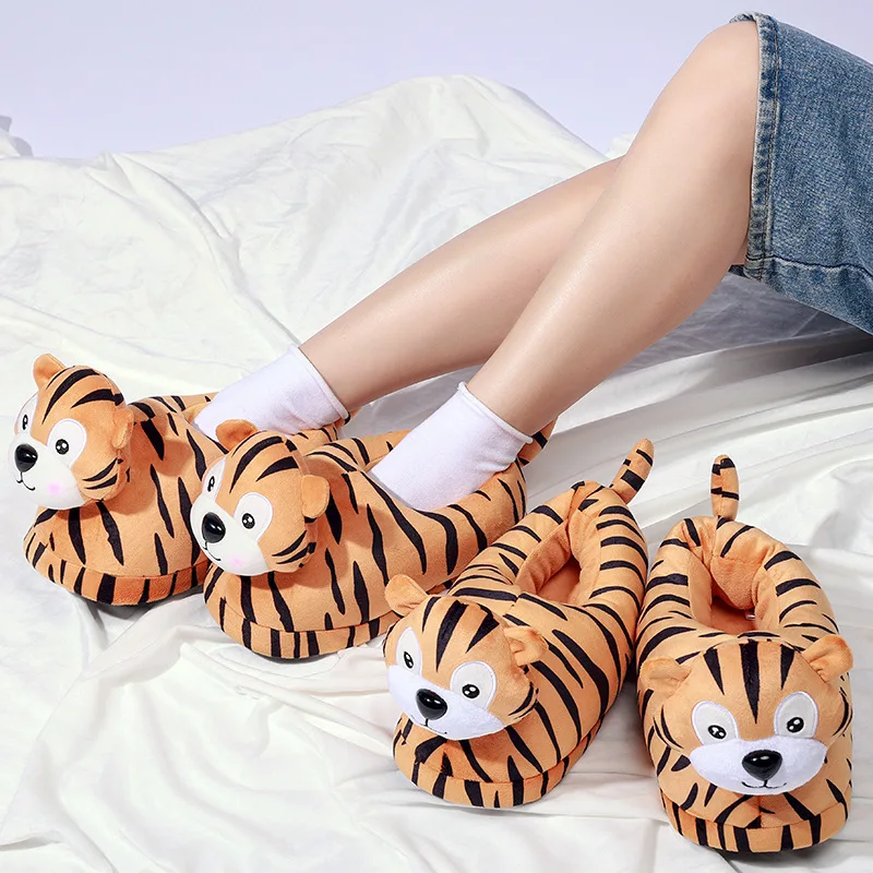 New Winter Plush Slippers For Couples Home Cute Tiger Cotton Slippers Wholesale Indoor Non-Slip Thick-Soled Cotton Slippers