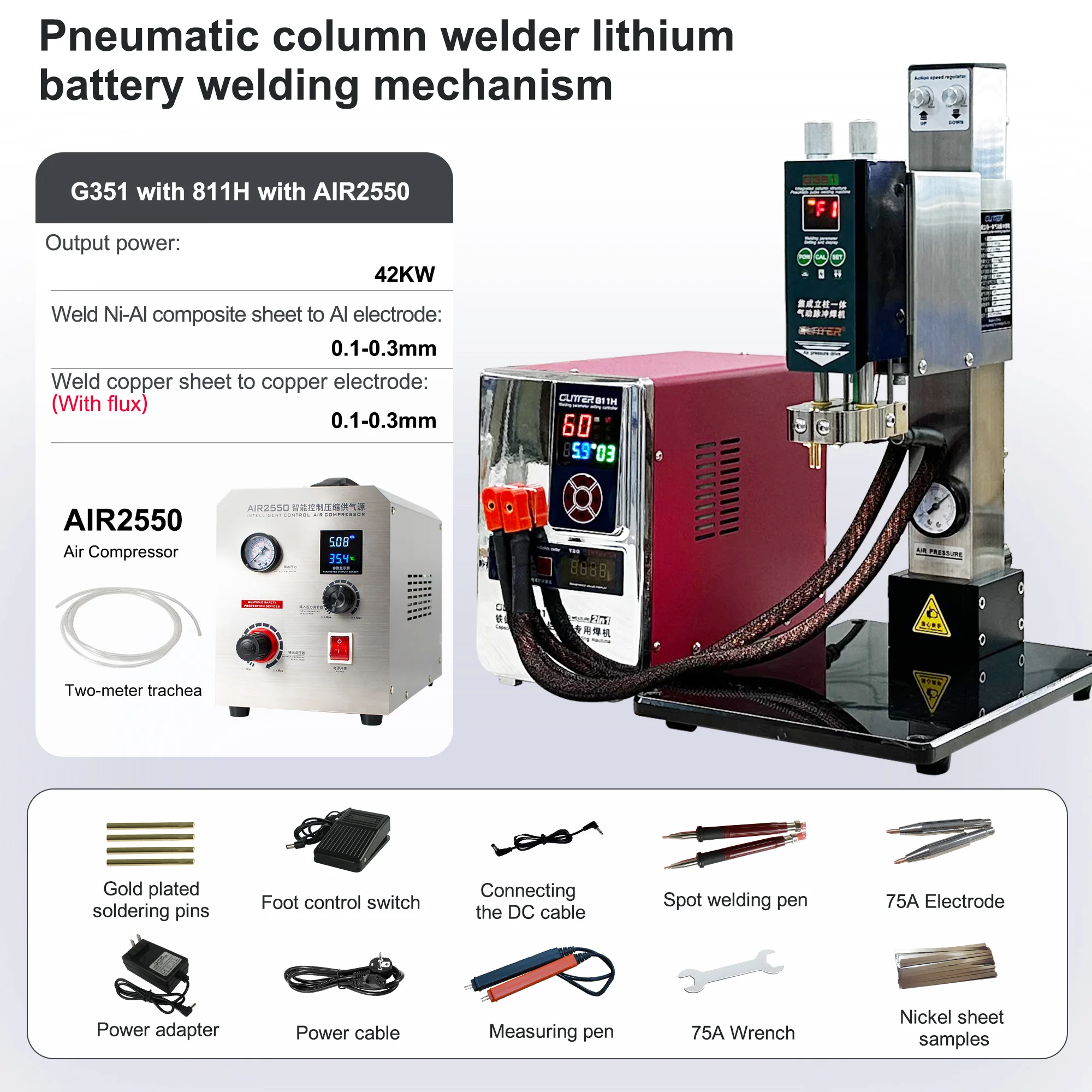 G351 Glitter Parallel Weld Head+42kw 811H Energy Storage Welding Machine+AIR2550 Air Compressor For Welding Pneumatic Battery