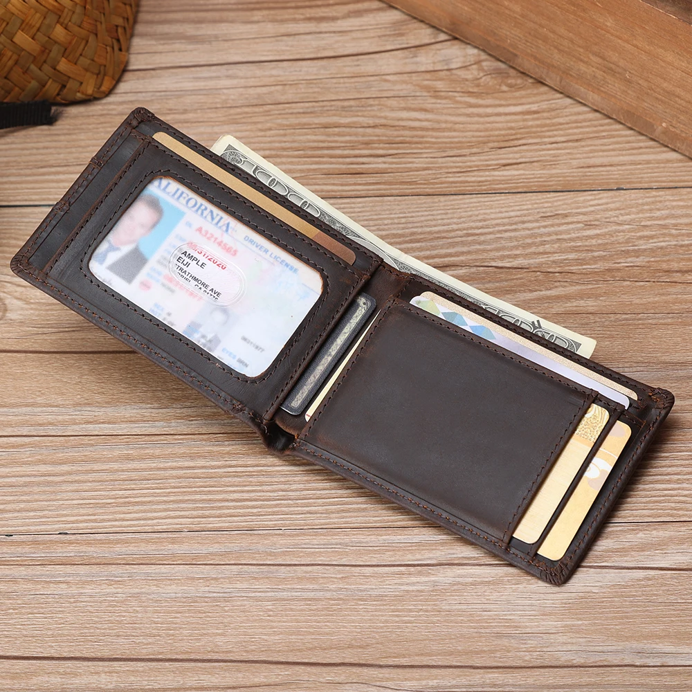 New Custom Logo Brown Slim Full Grain Genuine Leather Wallet Men Genuine Grazy Horse Rfid Blocking Pure Leather Bifold Wallet
