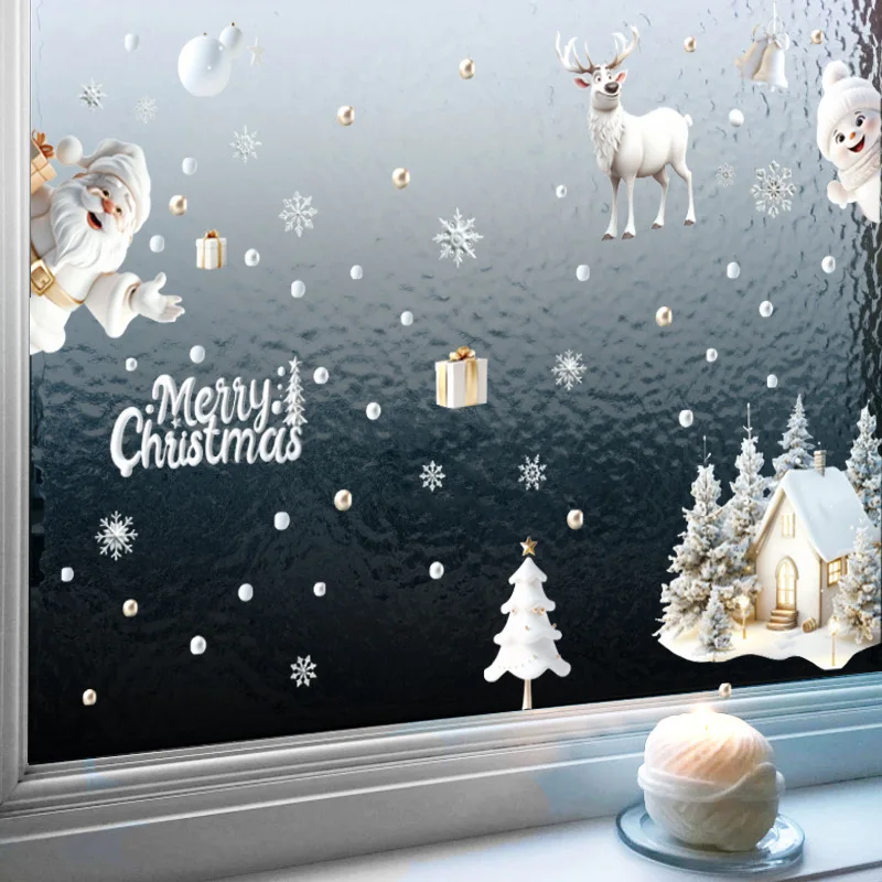 Three-dimensional White Santa Cartoon  Cute Snowman Elk and Snowflake Window Sticker Set New Christmas Home Decorations