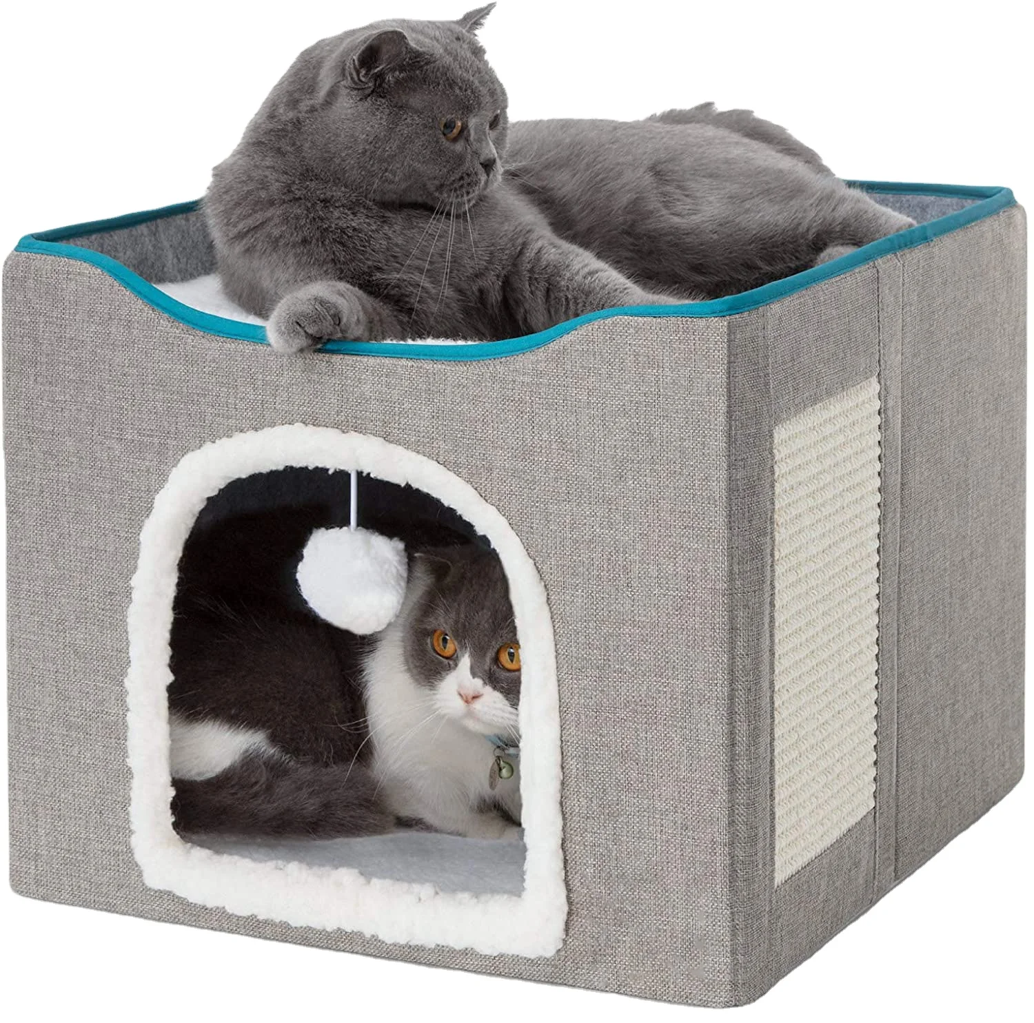 Cat Beds for Indoor Foldable Large Cat House for Pet Cat Cave with Scratch Pad Pet Scratcher with Hanging Ball