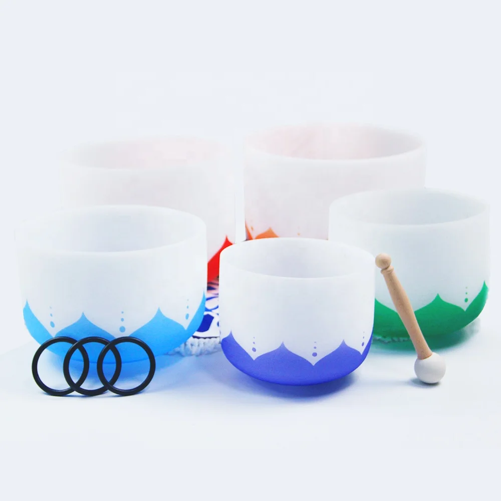 Wholesale Price Crystal Singing Bowls Set with Lotus Design Chakra Singing Bowls for Meditation Sound Therapy