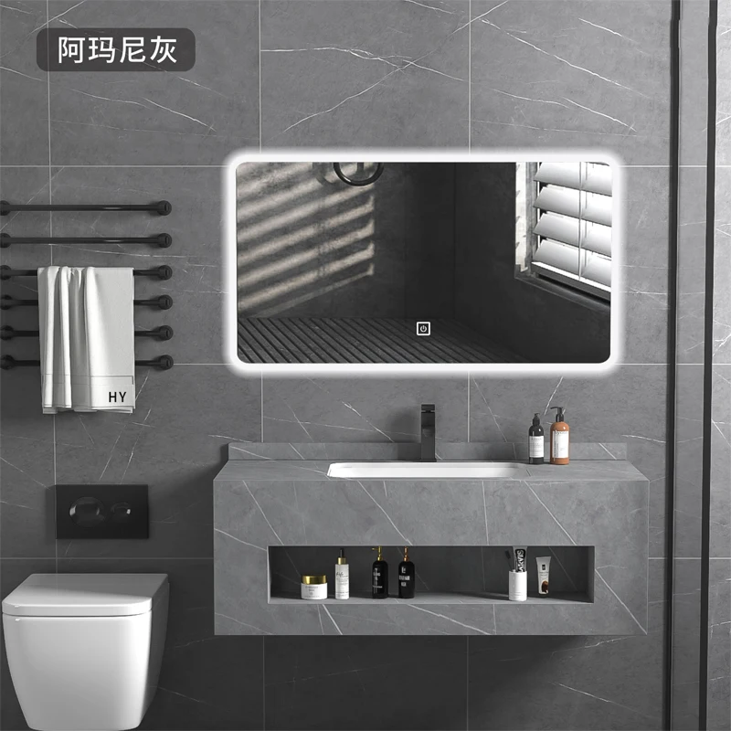 New marble bathroom vanity with LED mirror  rock slate bathroom vanity cabinet with ceramic basin and towel shelf