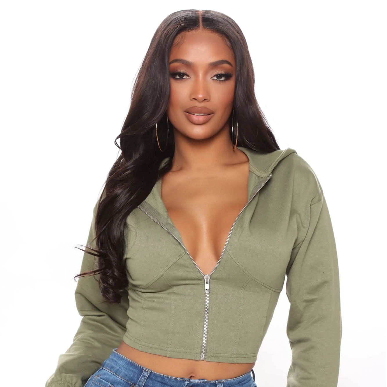 Custom Logo Wholesale Fashionable Zip Up Hoodie Long Sleeve Corset Waist Cropped Hoodie Casual women sweatshirt