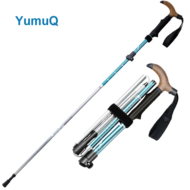 YumuQ 125cm Aluminum 7075 Collapsed Self Defense Walking Stick , Luxury T-Handle Nordic Trekking Pole With Cork Grip