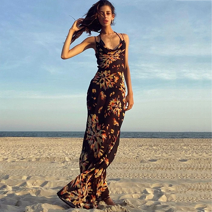 huilin factory oem wholesale women fashion dresses allover floral printed maxi dress ladies backless dress