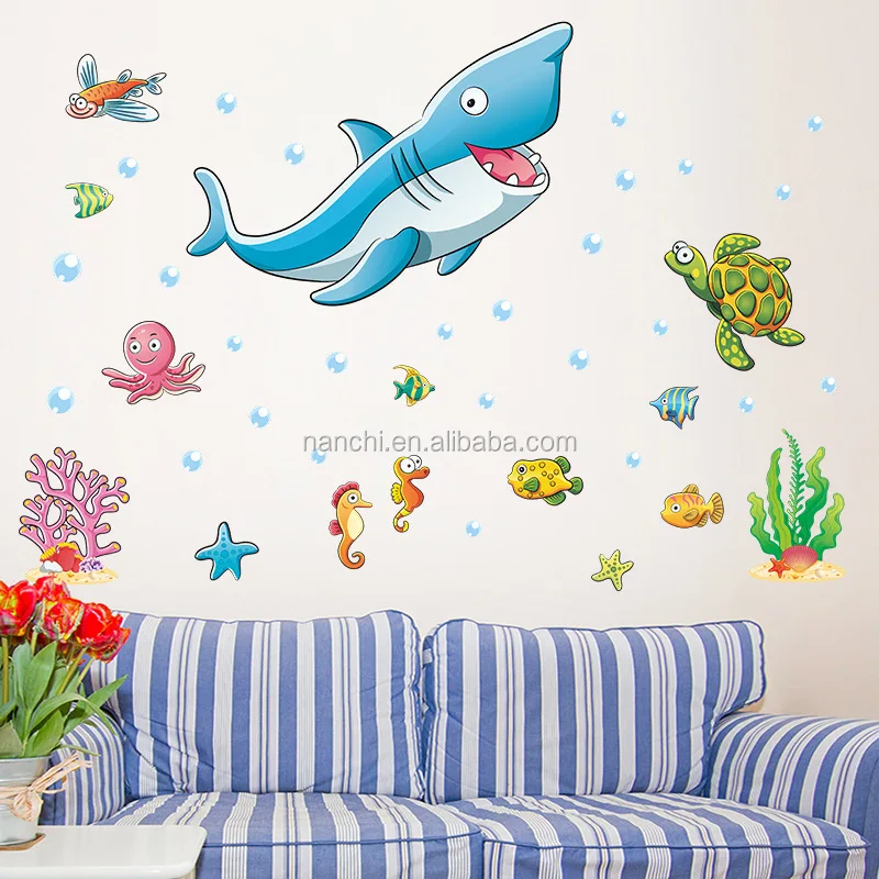 3D  Cartoon Shark wallpapers Underwater World stickers kindergarten kids wall mural kid room wallpaper murals decoration sticker