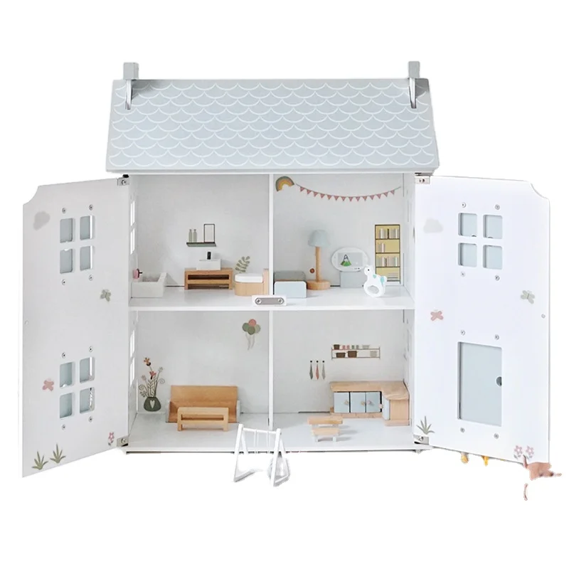 New arrival Nordic ins style doll house children pretend play house simulation villa princess doll room girl wooden toys