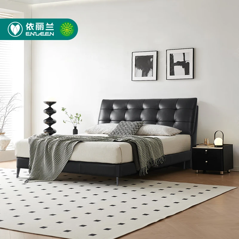 Manufacturer High Quality Modern Cow Leather Soft Bed in Queen King Size for Bedroom Furniture Ottoman Bed Made in China