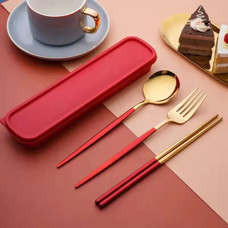 Luxurious Portable Utensils Reusable Stainless Steel Knife Spoon Fork Flatware Travel Cutlery Set Chopsticks Spoon Fork Set