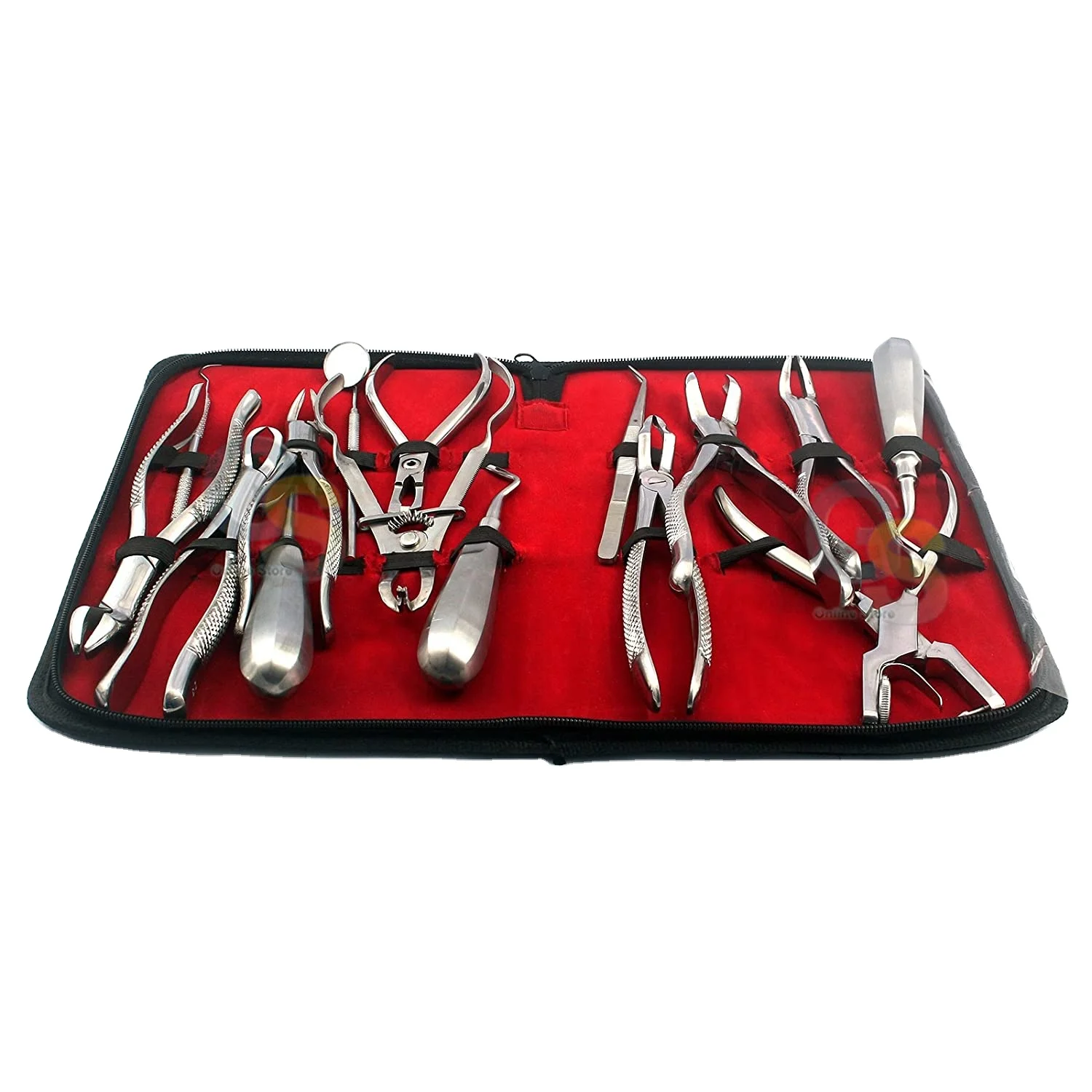 Assorted Set of 15 PCS Dental Instruments Elevator EXTRACTING Forceps Mirror Probe and Explorer and Rubber Dam Punch