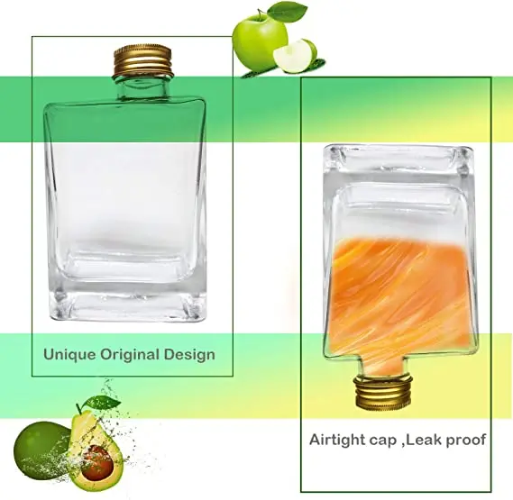 2 Packs Square Wine Glass Bottles with Cap for Juice Beer Champagne Smoothies Soda Liquor Beverage