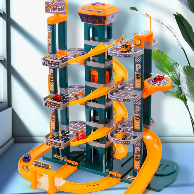 Electric multilayer car parking lot track toy set Kids DIY assembly educational station pretend play parking lot garage toy set