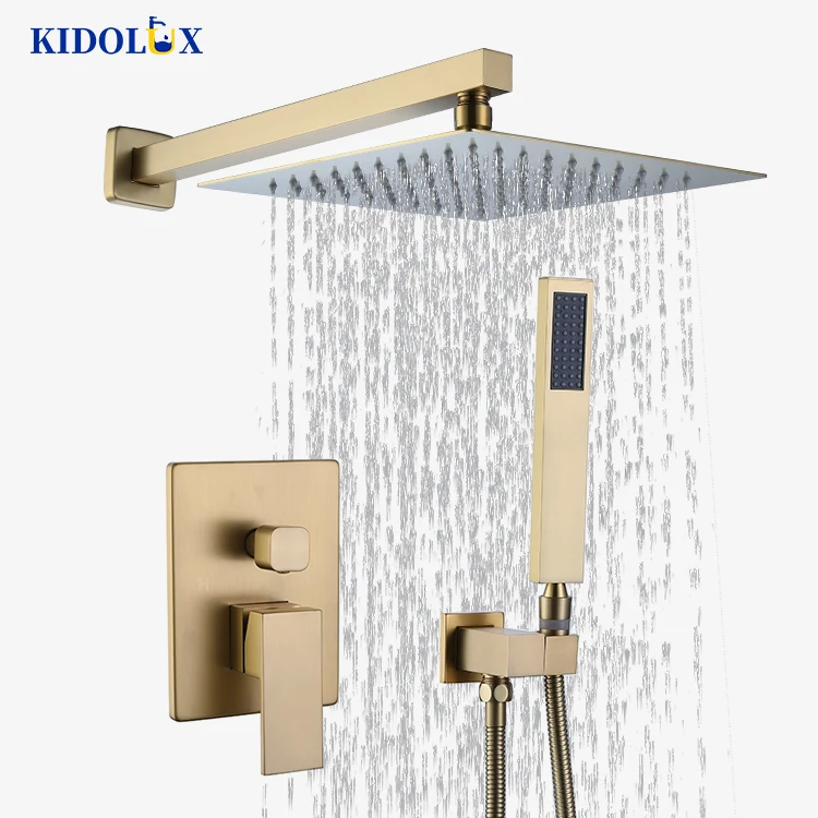Golden Thermostatic Brass Hot Cold Water Mixer In Wall Mounted Single Dual Handle Bathroom Rain Concealed Shower Set Kit