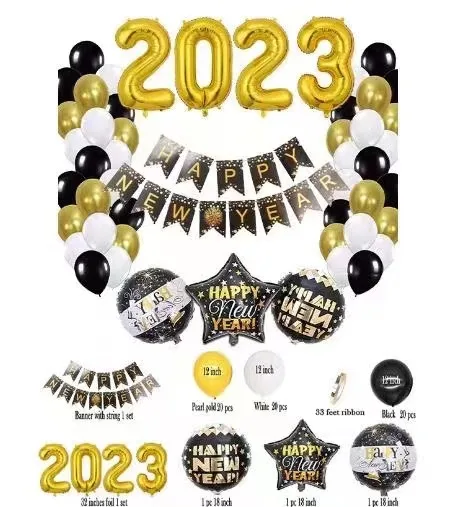2023 Happy New Year Party Balloons sets Balloon Banner-Black and Gold Star Champagne Mylar Foil Party Supplies